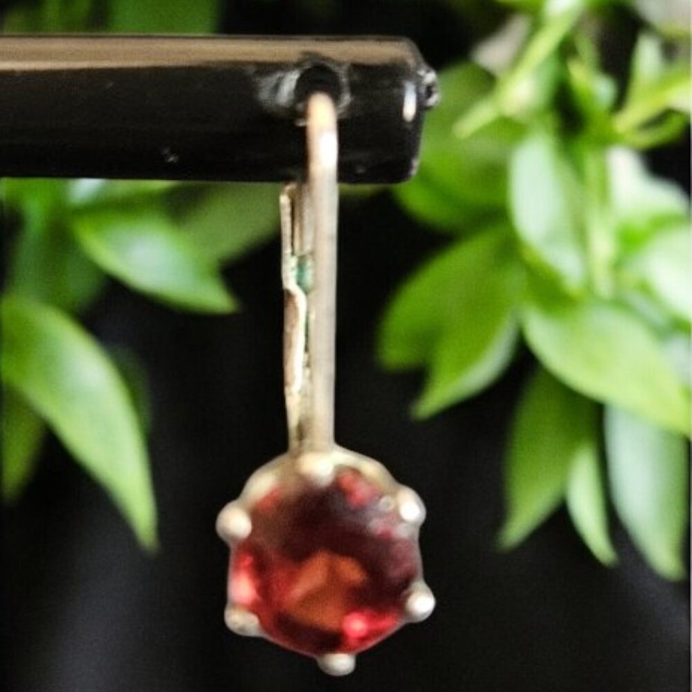 Vintage Silver Round Red Ruby Gemstone Drop Earri… - image 2